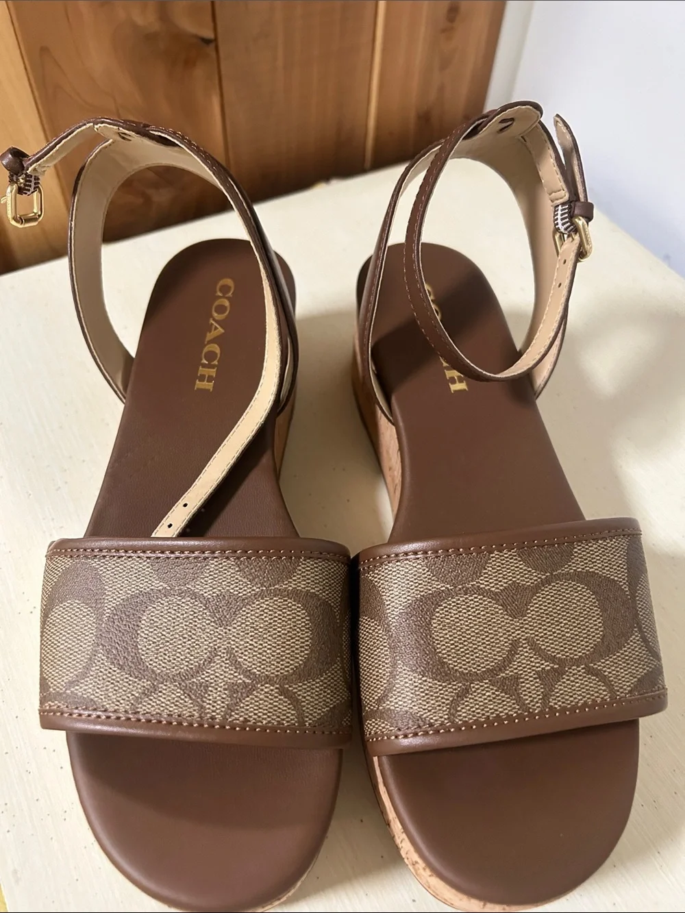 Coach Brown Signature Canvas Cork Platform Sandals with Ankle Strap NWOT